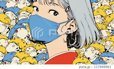 使い捨て不織布マスクをつけた若い女性