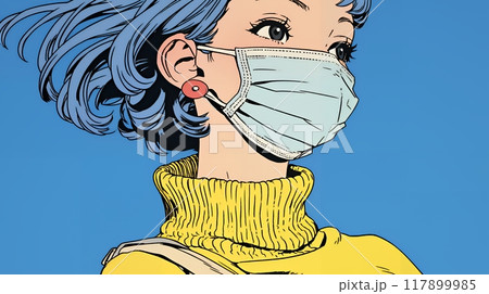 使い捨て不織布マスクをつけた若い女性