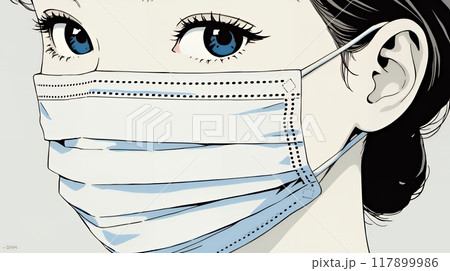 使い捨て不織布マスクをつけた若い女性