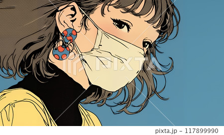 使い捨て不織布マスクをつけた若い女性