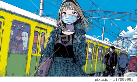使い捨て不織布マスクをつけた若い女性