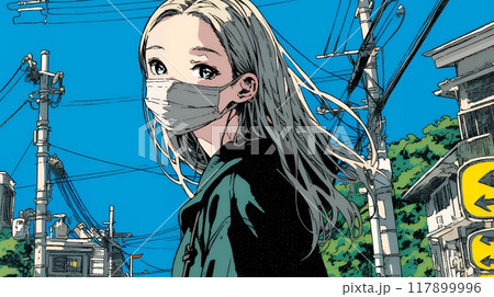 使い捨て不織布マスクをつけた若い女性