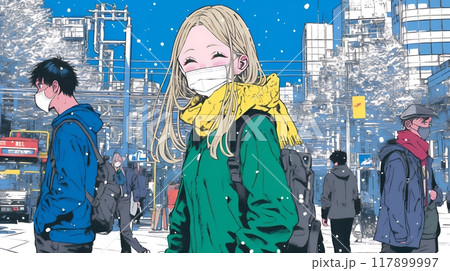 使い捨て不織布マスクをつけた若い女性