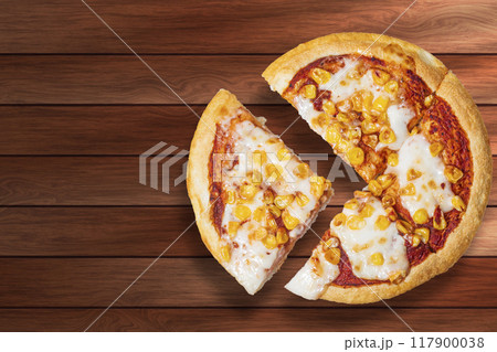 Pizza with mozzarella cheese and corn isolated on wooden background. 117900038