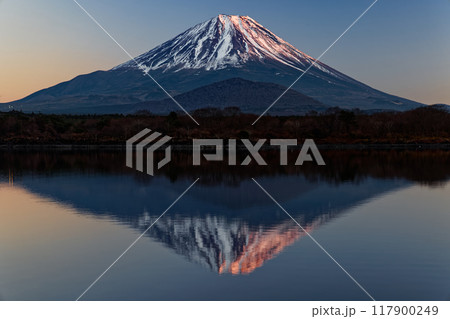 精進湖湖畔から見る夕照の富士山 精進湖湖畔から見る夕照の富士山 117900249