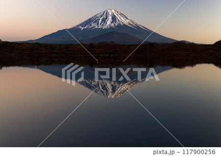 精進湖湖畔から見る夕照の富士山 精進湖湖畔から見る夕照の富士山 117900256
