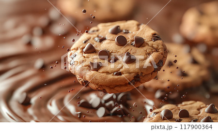 Chocolate chip cookies in molten chocolate, dessert preparation background. Generative AI 117900364