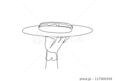 Single continuous line drawing the waiter holds food tray serving hot dog. Dish consisting of a grilled, steamed, or boiled sausage. American fast food. Junk food. One line design vector illustration 117900509