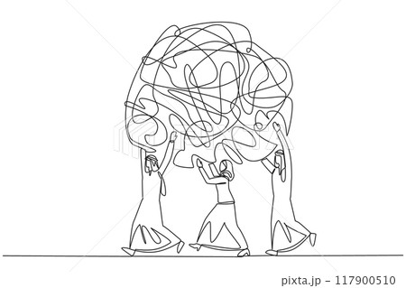 Single continuous line drawing a group of Arab businessmen and Arab businesswomen work together carrying heavy messy circle. Keep anxiety away. Relieve stress. One line design vector illustration Single continuous line drawing a group of Arab businessmen and Arab businesswomen work together carrying heavy messy circle. Keep anxiety away. Relieve stress. One line design vector illustration 117900510