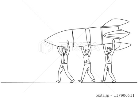 Continuous one line drawing a group of businessmen and businesswomen work together carrying a rocket. Preparing for new business. Get a promotion. Success. Single line draw design vector illustration Continuous one line drawing a group of businessmen and businesswomen work together carrying a rocket. Preparing for new business. Get a promotion. Success. Single line draw design vector illustration 117900511