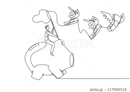 Continuous one line drawing businessman riding piggy bank catching flying banknotes. Hit by financial crisis. Financial problem. No profit yet. Extra work. Single line draw design vector illustration 117900516