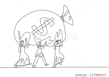 Continuous one line drawing a group of Arab businessmen and Arab businesswomen work together to carrying money bag. Great success. Get lots of benefits. Single line draw design vector illustration Continuous one line drawing a group of Arab businessmen and Arab businesswomen work together to carrying money bag. Great success. Get lots of benefits. Single line draw design vector illustration 117900523