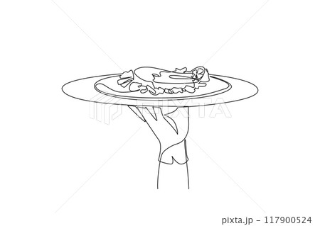 Single continuous line drawing waiter holds food tray serving baked salmon. Healthy fillet meat. Contains lots of nutrients. High in protein. Healthy food for body. One line design vector illustration Single continuous line drawing waiter holds food tray serving baked salmon. Healthy fillet meat. Contains lots of nutrients. High in protein. Healthy food for body. One line design vector illustration 117900524