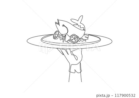 Continuous one line drawing the waiter holds a food tray serving baked fish. Served with lemon and various spices. Contains good fats. Can help lose weight. Single line draw design vector illustration 117900532