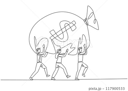 Continuous one line drawing a group of businessmen and businesswomen work together to carrying money bag. Big profits are shared equally. Fair. Encourager. Single line draw design vector illustration Continuous one line drawing a group of businessmen and businesswomen work together to carrying money bag. Big profits are shared equally. Fair. Encourager. Single line draw design vector illustration 117900533