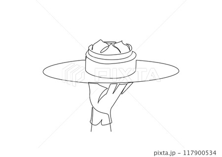 Single continuous line drawing the waiter holds a food tray serving dim sum in bamboo steamer basket. Traditional Chinese food. Has a sweet and savory salty taste. One line design vector illustration 117900534