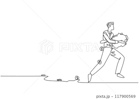 Single one line drawing businessman running while carrying a piggy bank with coins scattered around. Run to save company assets. Must always be profitable. Continuous line design graphic illustration 117900569