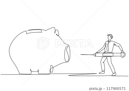 Single continuous line drawing businessman holding a big syringe and wants to inject it into a big piggy bank. Investor inject additional funds. Avoid bankruptcy. One line design vector illustration Single continuous line drawing businessman holding a big syringe and wants to inject it into a big piggy bank. Investor inject additional funds. Avoid bankruptcy. One line design vector illustration 117900571