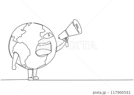 Continuous one line drawing globe holds and places the megaphone in front of his mouth. Care more about the earth. Protect the earth. Saving the planet. Single line draw design vector illustration Continuous one line drawing globe holds and places the megaphone in front of his mouth. Care more about the earth. Protect the earth. Saving the planet. Single line draw design vector illustration 117900581