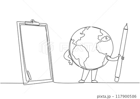 Single continuous line drawing the globe poses holding a large pencil in front of a clipboard. Make a list of what needs to be done to keep the earth green. Saving. One line design vector illustration 117900586