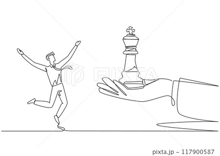 Single continuous line drawing businessman was excited to get king's chess piece from giant hand. Getting support from people is important to continue the business. One line design vector illustration Single continuous line drawing businessman was excited to get king's chess piece from giant hand. Getting support from people is important to continue the business. One line design vector illustration 117900587