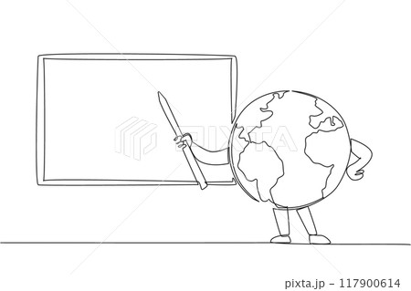 Single one line drawing globe holds a stick while pointing towards the blackboard. Explain the announcement of protecting the earth from the white board. Continuous line design graphic illustration Single one line drawing globe holds a stick while pointing towards the blackboard. Explain the announcement of protecting the earth from the white board. Continuous line design graphic illustration 117900614