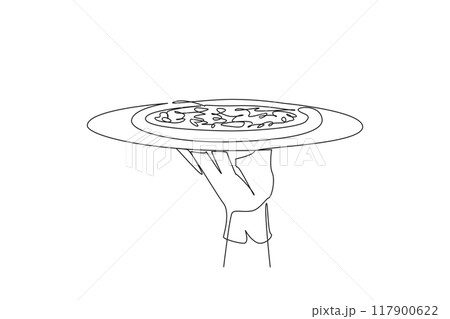 Single one line drawing waiter holding food tray serving pizza. Typical Italian food. Delicious. Lots of toppings. Pepperoni. Mold. Sausage. Mozzarella. Continuous line design graphic illustration 117900622