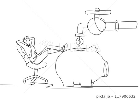 Single continuous line drawing businessman sit relax on chair to see money faucet flow into savings piggy bank. Passive income. Guarantee of always making a profit. One line design vector illustration Single continuous line drawing businessman sit relax on chair to see money faucet flow into savings piggy bank. Passive income. Guarantee of always making a profit. One line design vector illustration 117900632