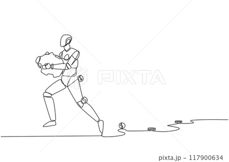 Single one line drawing a robot running while carrying a piggy bank with coins scattered around. Helps maintain profits. Artificial intelligence technology. Continuous line design graphic illustration Single one line drawing a robot running while carrying a piggy bank with coins scattered around. Helps maintain profits. Artificial intelligence technology. Continuous line design graphic illustration 117900634