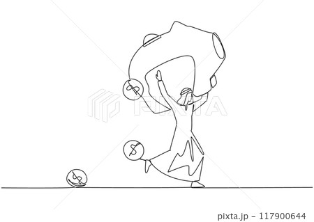 Single continuous line drawing Arabian businessman running lifting big piggy bank on shoulders. Dollar symbol coin falling. Financial conditions were volatile. One line design vector illustration 117900644