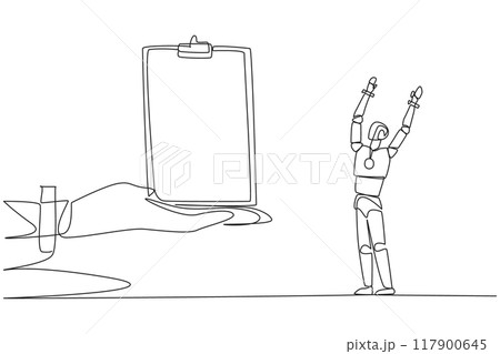 Single continuous line drawing a smart robot was excited to get the clipboard from the giant hand. Makes it easy to note down some bugs. Note while test running. One line design vector illustration 117900645