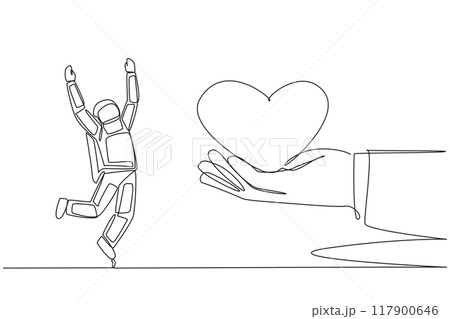 Continuous one line drawing the astronaut is happy to get love from the giant hand. Welcomed by loved ones on earth. A very successful mission. Cosmonaut. Single line draw design vector illustration 117900646