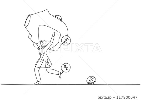 Single one line drawing Arab businesswoman running lifting big piggy bank on shoulders. Dollar symbol coin falling. Save profit value. Futures investment. Continuous line design graphic illustration 117900647