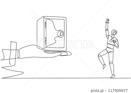 Single one line drawing a robot excited to get a safe deposit box from a giant hand. The safest storage. Saving artificial intelligence trials. Technology. Continuous line design graphic illustration 117900657