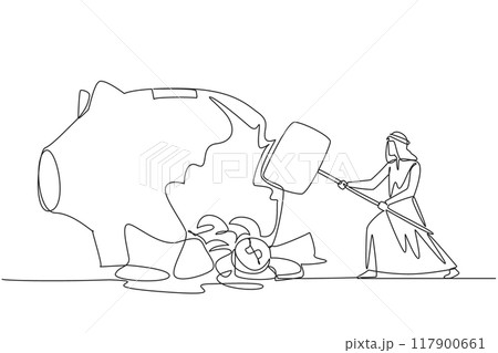 Single continuous line drawing Arab businessman hit big piggy bank with big hammer until cracked. Coins scattered around. Financial problem. Not always profitable. One line design vector illustration 117900661