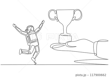 Single continuous line drawing young astronaut happy to get the trophy from the giant hand. Competition winner. Champion. Space journalist. Cosmonaut deep space. One line design vector illustration Single continuous line drawing young astronaut happy to get the trophy from the giant hand. Competition winner. Champion. Space journalist. Cosmonaut deep space. One line design vector illustration 117900662