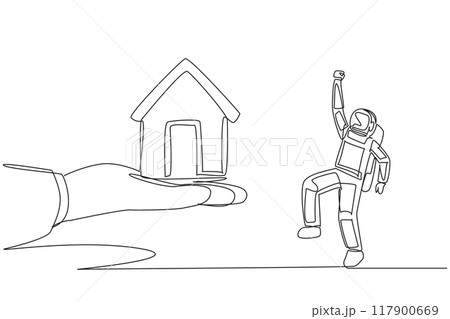 Continuous one line drawing the astronaut excited to get a miniature house from giant hand. The astronaut arrives back home. Rest. Cosmonaut outer space. Single line draw design vector illustration 117900669