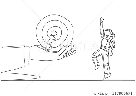 Single continuous line drawing astronaut was excited to get the arrow target board from a giant hand. Focus. Complete target. Return to earth safely. Cosmonaut. One line design vector illustration 117900671