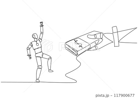 Single one line drawing a robot excited to get a stack of banknotes from giant hand. Success that makes money. Cost of upgrading requirements. Future tech. Continuous line design graphic illustration 117900677