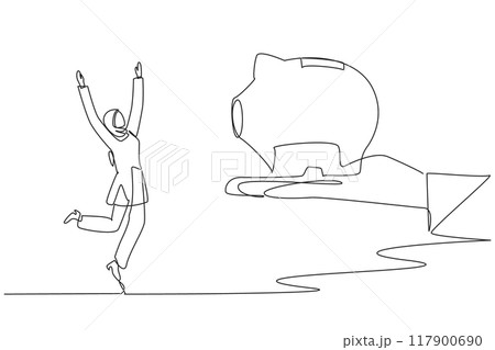 Single continuous line drawing young Arabian businesswoman happy to get a piggy bank from giant hand. Investment value continues to increase. A satisfying success. One line design vector illustration 117900690