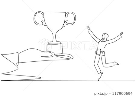 Continuous one line drawing Arabian businesswoman happy to get the trophy from the giant hand. Winner of business competition. Appreciation from everywhere. Single line draw design vector illustration 117900694