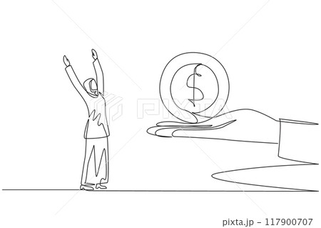 Continuous one line drawing Arabian businesswoman is excited to get dollar symbol coin from a giant hand. Good news. Always make a profit. Good team work. Single line draw design vector illustration Continuous one line drawing Arabian businesswoman is excited to get dollar symbol coin from a giant hand. Good news. Always make a profit. Good team work. Single line draw design vector illustration 117900707