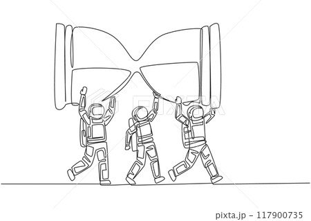 Continuous one line drawing a group of astronauts work together to carrying an hourglass. Classic. Vintage. A reminder of an impending deadline. Spaceman. Single line draw design vector illustration 117900735