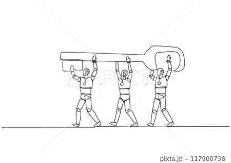 Continuous one line drawing group of robots work together carrying the key. Artificial intelligence is able to find out the password to open access. Tech. Single line draw design vector illustration Continuous one line drawing group of robots work together carrying the key. Artificial intelligence is able to find out the password to open access. Tech. Single line draw design vector illustration 117900738