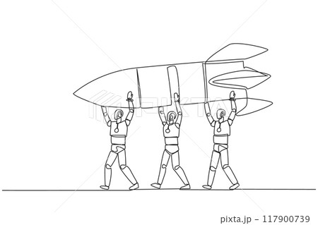 Single continuous line drawing a group of robots work together carrying a rocket. New branch. Managed reliably by the smartest robots. Profit. Future technology. One line design vector illustration Single continuous line drawing a group of robots work together carrying a rocket. New branch. Managed reliably by the smartest robots. Profit. Future technology. One line design vector illustration 117900739