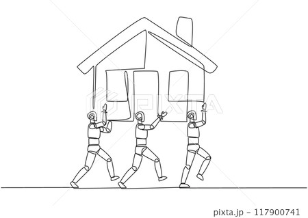 Single one line drawing group of robots work together carrying a miniature house. Architect robot. Design and build a house. Double profit. Technology. Continuous line design graphic illustration 117900741