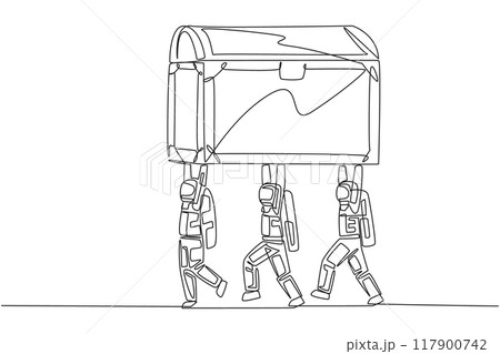 Single one line drawing group of astronauts work together carrying treasure chest. Valuable discoveries from the moon. Invaluable. Fun expedition. Spaceman. Continuous line design graphic illustration Single one line drawing group of astronauts work together carrying treasure chest. Valuable discoveries from the moon. Invaluable. Fun expedition. Spaceman. Continuous line design graphic illustration 117900742