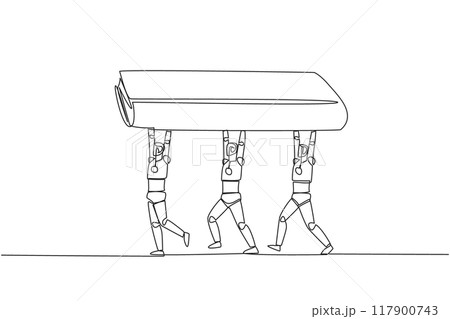 Single one line drawing a group of robots work together carrying a book. Implementation of artificial intelligence. Adding knowledge to robots. Technology. Continuous line design graphic illustration 117900743