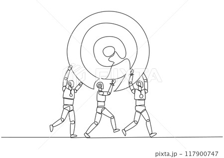 Single continuous line drawing group of robots work together carrying arrow target board. Work together towards a common dream. Focus on being the best. Technology. One line design vector illustration Single continuous line drawing group of robots work together carrying arrow target board. Work together towards a common dream. Focus on being the best. Technology. One line design vector illustration 117900747
