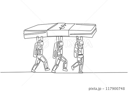 Single continuous line drawing group of astronauts working together carrying stack of banknotes. Work hard together. Mutual benefit. Cosmonaut outer space concept. One line design vector illustration 117900748